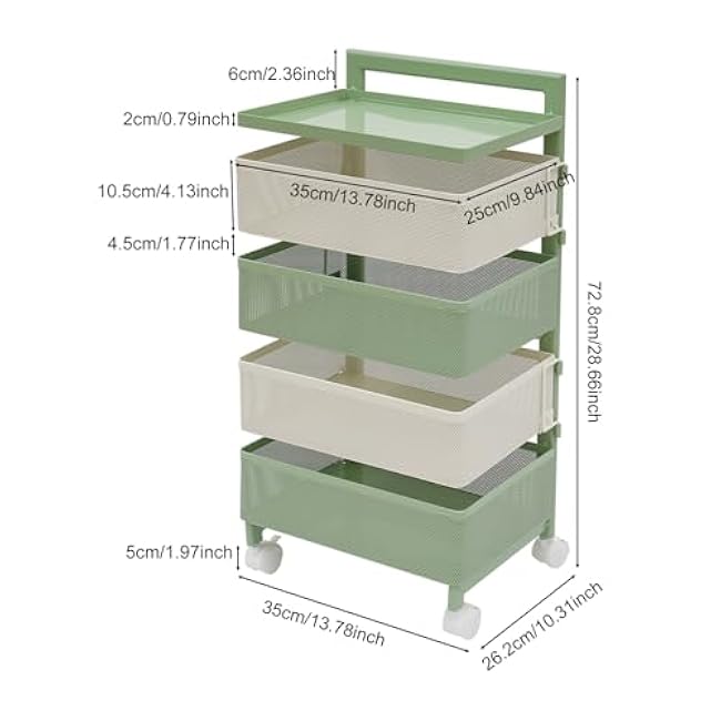 4 Tier Rotating Kitchen Storage Rack Cart with Wire Basket, Carbon Steel Fruit and Vegetable Baskets Bowls for Kitchen with Wheels & Top Lid, Rolling Storage Cart for Cans Snacks (Green)-FY7vWAWE
