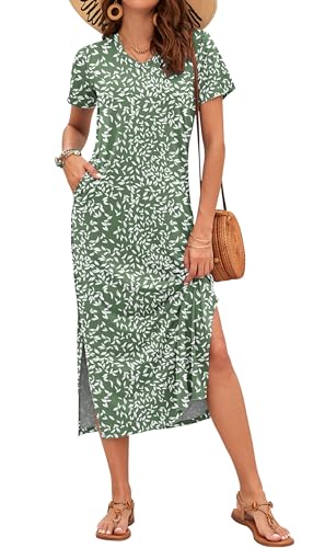 Image of MISFAY Womens Maxi Dress Short Sleeve V Neck Loose with Pockets | Soft stretchy breathable, v neck loose fit, side split hem, two side pockets, casual daily beach vacation travel dress