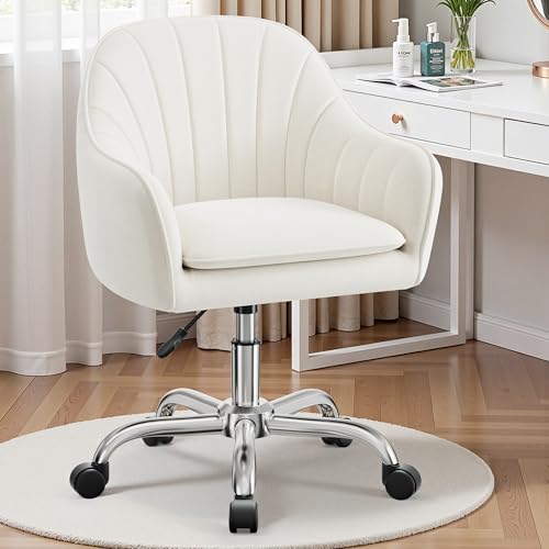 Image of Vanity Chair with Wheels, Comfy Home Office Desk Chairs Adjustable Modern Velvet Makeup Vanity Chairs for Bedroom Living Room-Beige