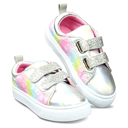 Zoogs Girls Glitter Canvas Fashion Sneakers, Kids Flat Casual Shoes, Low Top Dual Strap Rainbow Unicorn Sparkle Sneaker, 5 #TOP1