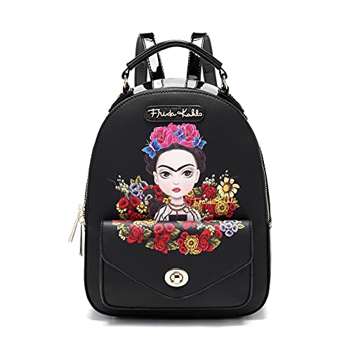 Frida Kahlo Cartoon Collection Backpack with Front Pocket (All Black), Medium, Black/Black