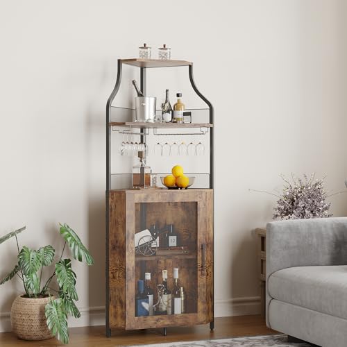 GarveeHome Meuble d'angle Bar à Vin avec Éclairage LED - 5 Étages Réglables & Porte-Verres Intégré - Gain de Place 35 cm pour Espaces Reduits (Style Loft...