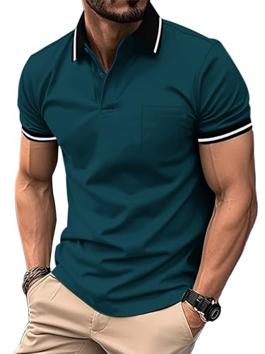 ZITY Polo Hombre Manga Corta Polo Golf Transpirable Verano Camisetas Deportivos con Bolsillo Azul Petróleo XL