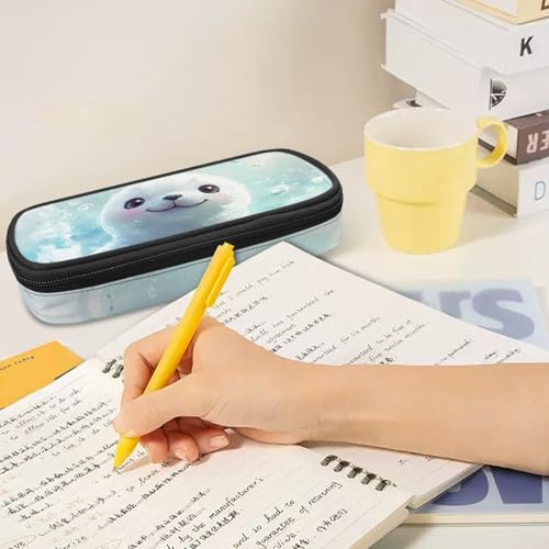 Image of Seal Pencil Cases for School Cute Basic Pen Box Light Blue Stationery Pouch Bag for Girls Lightweight Pencil Pouch with Slots and Mesh Pocket