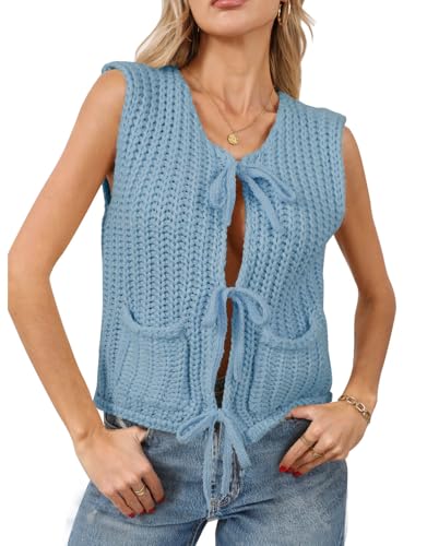 Image of Trendy Cardigan Sweater Vest Crochet Knit Top Sleeveless Bows with Pockets