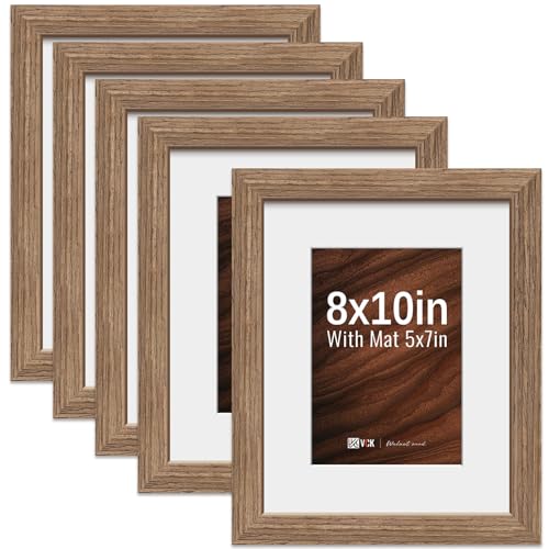Image of VCK 8x10 Picture Frame 5 Pack, Walnut Wood, 5x7 Mat, Glass, for Portrait