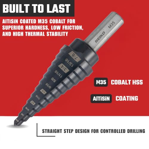 Image of NEIKO 10185B Step Drill Bit, 12 Steps 3 /16 inch to 7 /8 inch Straight M35 Cobalt, AlTiSiN Coated, 3 /8 inch Tri-Flat Step Bits for Steel, Metal, Wood, Plastic, Unibit Cone Drill Bits, Two Flute