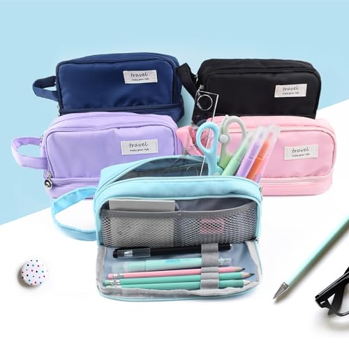 Image of Large Capacity Pencil Case, Pen Bag, Stationery Storage Kit, Multiple Compartments, Office Travel Pouch, Arts and Crafts Supplies Organizer (LIGHT BLUE)