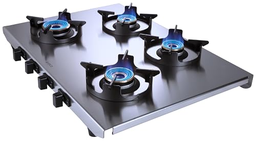 Image of Elica 4 Burner 2mm Stainless Steel Gas Stove | INOX HD 4B 69 | 69cm Layout, Forged Brass Burners - 1 Jumbo 1 Medium 1 Small Burners, Crown Shape Pan Support, 2 Yr Warranty