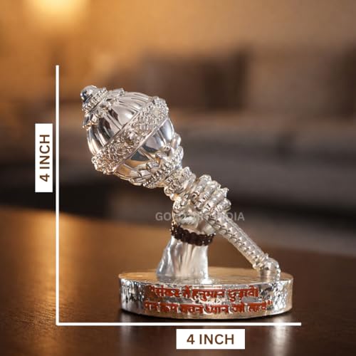 Image of Gold Art India Hanuman Gada Idol Silver Plated - Bajrangbali Gada for Car Dashboard, Home Mandir & Office Decor | 4 Inch