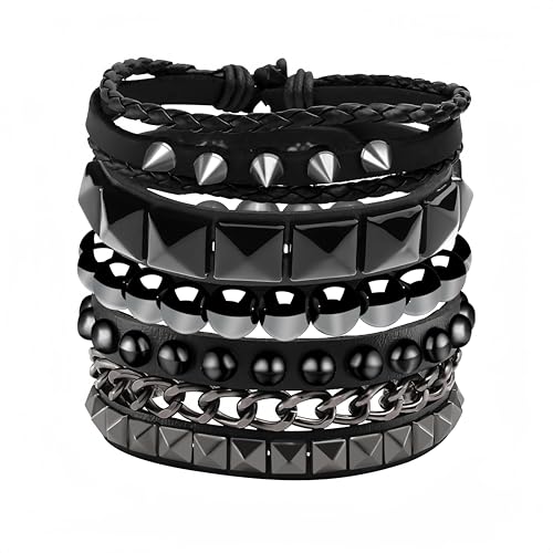 Eigso 4 Pcs Leather Black Punk Rock Cuff Bracelets for Men Women Vintage Classic 80s Studded Spiked Bracelet Set for Man Woman
