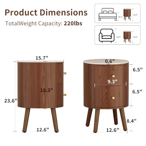 YQJJGL Round Nightstand, Wood Bedside Table with 2-Drawers, Walnut, 15.7" W by YQJJGL - Used condition - Image 2