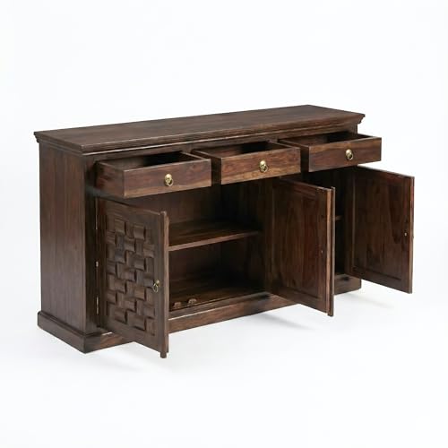 Image of SONA ART & CRAFTS Niwar Solid Sheesham Wood Sideboard Cabinet Storage Organizer with 3 Drawer & 3 Door Cabinet for Home Kitchen Living Room & Bedroom Multi Shelves Cabinets Hallway (Walnut Finish)