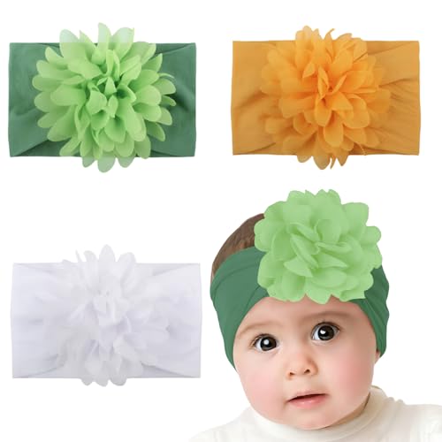 Image of SYGA PACK OF 3Headbands Nylon Flower Soft Stretchable Hairband for Newborn Infant Toddler Kids For 0-3 Year (White-Khaki-Green)