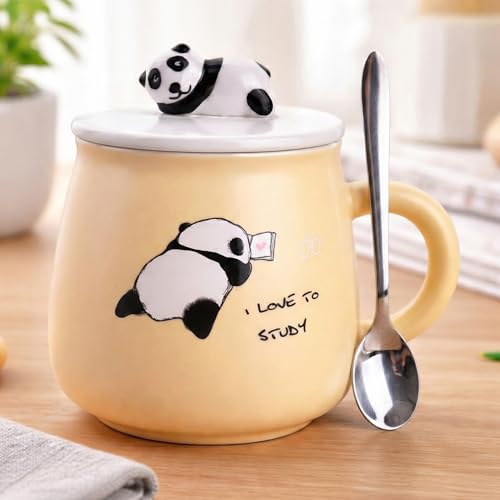 Image of BonZeal Ceramic Birthday Gift for Boys Panda Mug with Lid Spoon Tea Cup Yellow Set of 1 325 ml Birthday Mugs for Coffee Mugs and Cups Gift for Panda Lovers Girls Kids Children