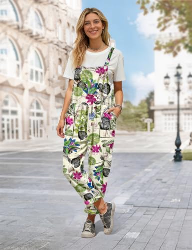 Image of YESNO Women's Overalls Cotton Boho Casual Floral Bib Jumpsuit Baggy Adjustable Strap Romper with Pockets PVV
