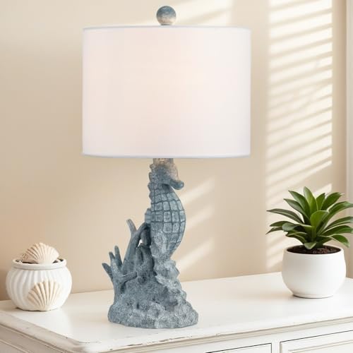 Crestview Collection Coastal Table Lamp, 21" Light Blue Resin Seahorse Lamp with Linen Shade, Ocean Nautical Home Decor for Nightstands or End Table, Beach Style Lamp for Bedroom,Living Room,Hallway