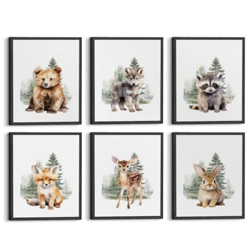 Aroutde 6Pcs Woodland Animal Canvas Wall Art Funny Nursery Room Decor Rabbit Bear Deer Fox Prints Baby Animal Bedroom Picture for Boy Girl Playroom Decoration (8x10 Inch, Unframed)
