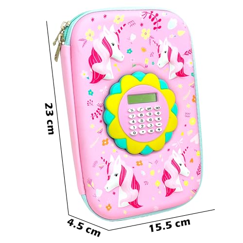 Image of VGRASSP Unicorn Theme Stationery Pencil Case for Kids with Mini Calculator - 3D EVA Zipper Pouch with Multi Storage Compartments - Fun School Stationery Organizer - Multicolor