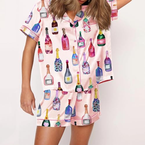 cochineal Women Cute Bow Pajama Shorts Set Y2k Silk 2 Piece Short Sleeve Preppy Shirt Pjs Lounge Set Y2k Martini Sleepwear3