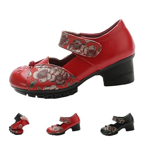 Women's Leather Low Block Heels Dress Pumps,Comfort Vintage Print Woven Closed Toe Ox Soft Sole Mary Jane Casual Shoes