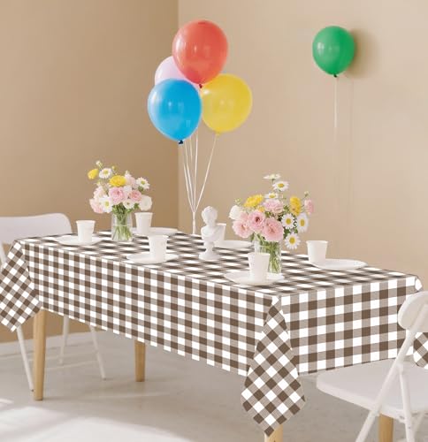 Image of SietDESEO 3 Pack Dark Brown Gingham Tablecloth Rectangle 54 x 108 Brown and White Checkered Table Cloth Disposable Plaid Table Cover Plastic for Birthday Baby Shower Picnic Wedding Party Supplies