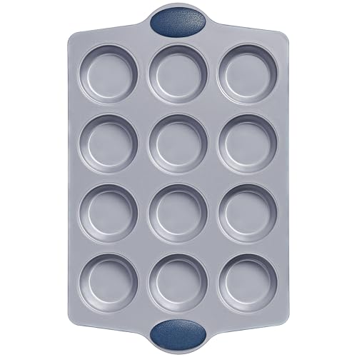 BRONYPRO Teglia per muffin in ceramica, 12 tazze antiaderenti in acciaio alluminato, rivestimento in ceramica atossica per muffin, 1 confezione da 1 teglia per torte blu
