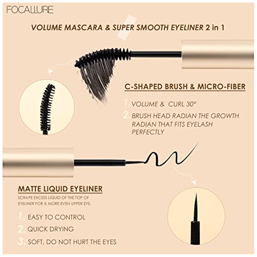 Focallure Mascara + Liquid Eyeliner, Double-Ended Mascara Set, 2-In-1 Boosts Lash Length, Volume & Definition, Long Lasting, Waterproof & Smudge-Proof #TOP2