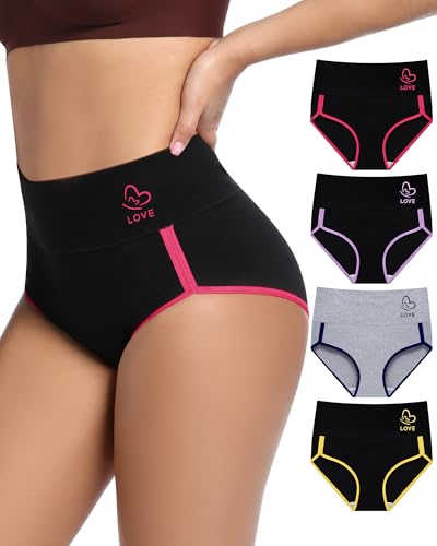 MIOTAN Damen Unterwäsche, Baumwolle, Hohe Taille Unterhosen Frauen, Hipster Slip Packs, Bauch Weg Wochenbett Panties, High Waist Underwear, Mehrfarbig, L