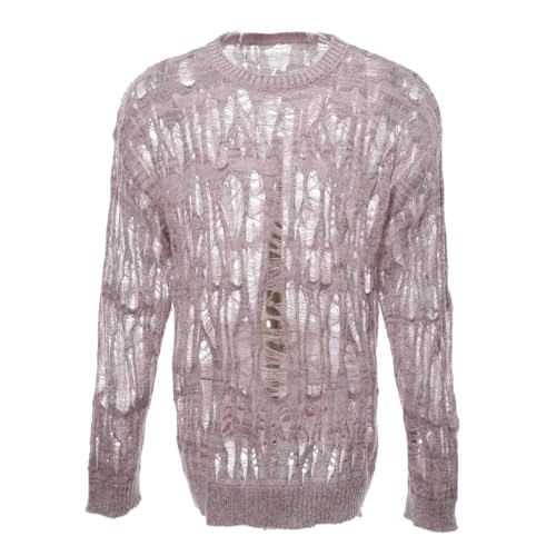 Men's Hollow Out Knitted Sweater Ripped Long Sleeve Drop Shoulder Undershirt Street Club Pullover Tops