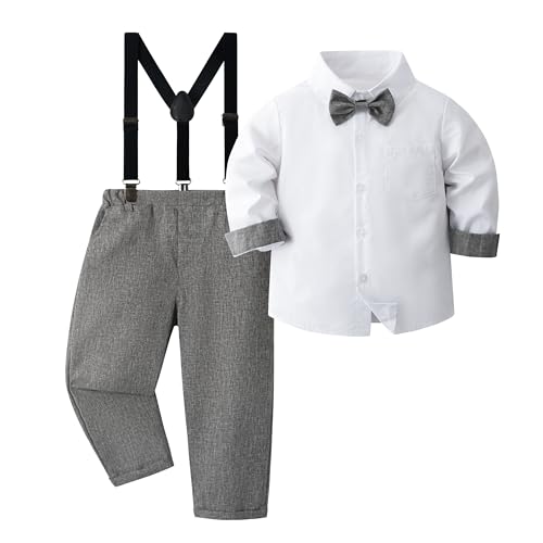 Volunboy Bebé Niño Caballero Conjunto, Cuadros Camisa con Pajarita + Tirantes Pantalones 4 Piezas Traje Ropa(2-3 años,Tamaño 100,Gris Oscuro)