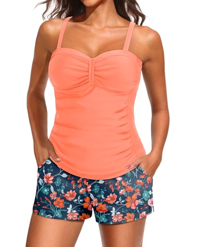 Daci Orange Floral Women's Underwire Tankini Swimsuit - Two Piece Tummy Control Bathing Suits with Pockets Shorts Push Up Swimwear 2025 L