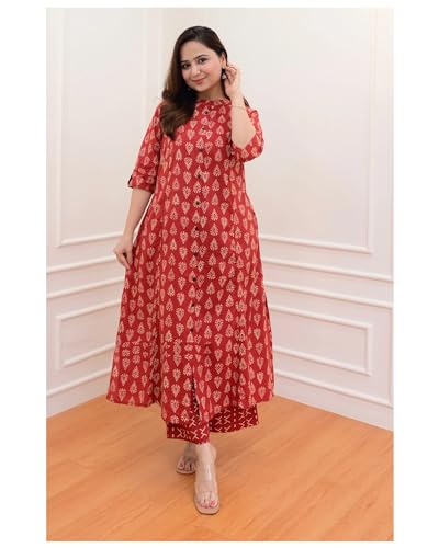 Image of Arayna Women's Cotton Floral Block Printed Co-ord Set - Straight Kurta Palazzo Pants