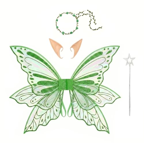 STANETCO Adult Butterfly Wings 4 pcs Shiny Fairy Butterfly Wings Halloween Costume Accessory for Ideal for Cosplay Party (Green)