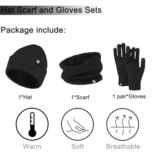 Enwokran 3 Stück Wintermütze Mütze Handschuhe Schal Set Thermo Strickmütze Elastischer Weiches Fleece Gebürstetes Innenfutter Schal Touchscreen Handschuhe Set für Kaltes Wetter (Schwarz)