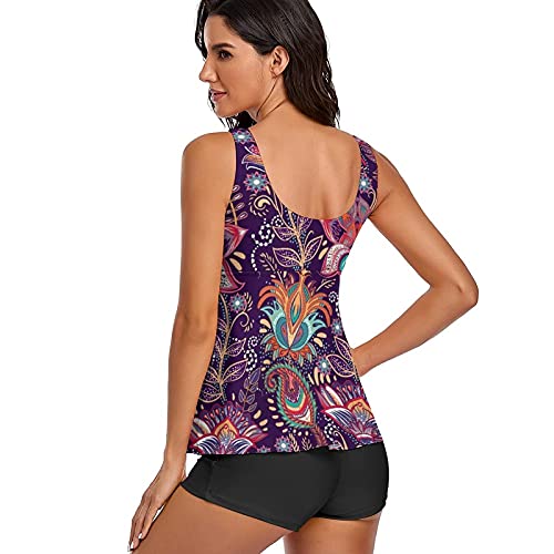 Image of Modest Tankini Swimsuits for Women Two Piece Bathing Suits Floral Print Tank Top with Boyshorts Tummy Control Swimming Suits