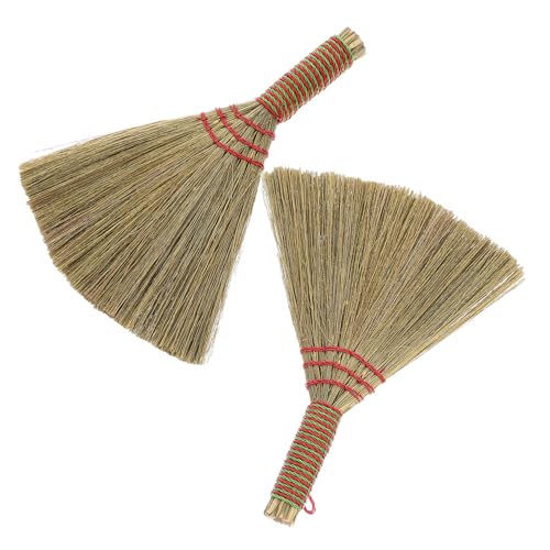 Healifty 2Pcs Small Handheld Dust Brooms with Red Rope – Mini Table Sweeper for Indoor Kitchen, Bathroom, Office Cleaning – Natural Material Short Handle Whisk Brooms for Quick Dust Removal