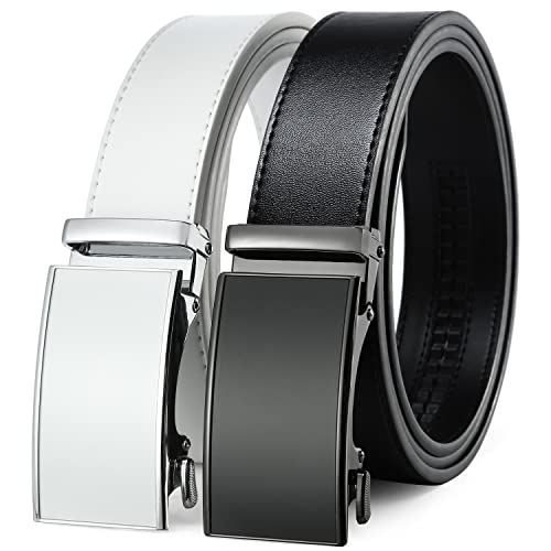 Image of 2 Pack Ratchet Belt 1 3 /8 inch, Leather Dress Belt with Click Sliding Buckle in Gift Set Box, Mens Adjustable Belt Trim to Fit (Black /White Belt, 28 inch-34 inch Waist Adjustable)