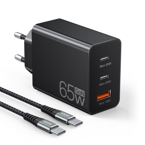 ANYKON USB C Ladegerät 65W, 3-Ports GaN Schnellladegerät mit Ladekabel 2M, PPS und PD Kompaktes Netzteil für MacBook Pro/Air, iPhone 17/16/15 Series, Switch, Galaxy S25/S24 Ultra, Pixel