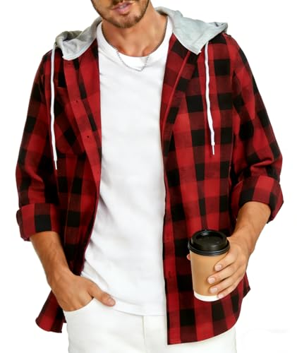 JACKETOWN Men's Plaid Shirts Casual Sweatshirt Hoodie Long Sleeve Shirt with Pocket Button Down Checked Shirt Flannel Regular Fit 4 Seasons Lumberjack Shirts Red