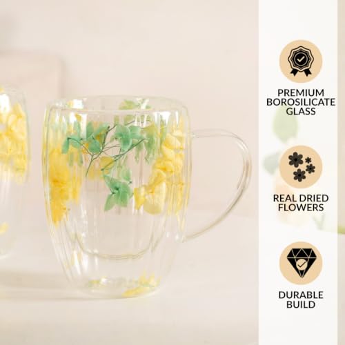 Image of Nestasia Double Wall Glass Mug with Dried Flowers Set of 2 (350ml Each) - Transparent Borosilicate Floral Glass Tea Cups | Lightweight & Durable Coffee Mugs - Perfect for Gifting (Yellow & Green)