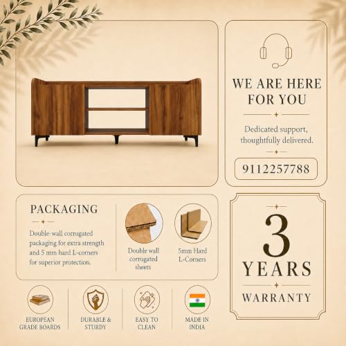 Image of Studio Kook Symphony Global 150 cm TV Unit, Amber Walnut | 150 cm engineered wood TV cabinet for 40-65 inch TVs, with two side cabinets, open shelves and a 70 kg tabletop capacity.