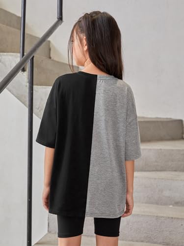Image of OYOANGLE Girl's Graphic Print Colorblock Half Sleeve Round Neck Shirt Tops Summer Casual Loose Tee Shirts