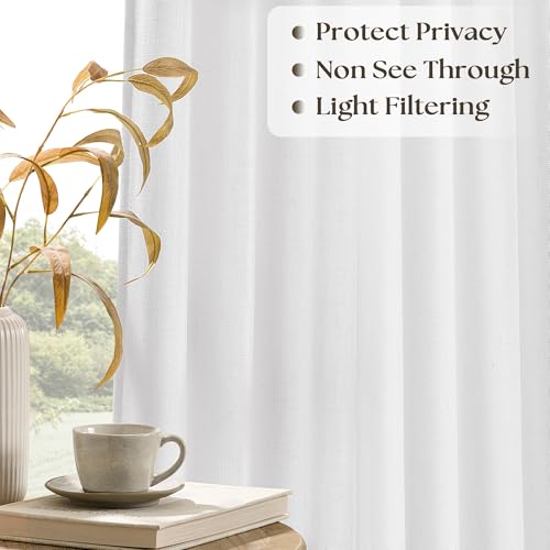 Image of Extra Wide 102 Inch Long Curtains 100 Inch Wide Pinch Pleat White 1 Panel | Textured Linen, for Living Room Bedroom, Light Filtering, Privacy, Pleated Drapes, Hooks Rings, Back Tab, Sliding Door
