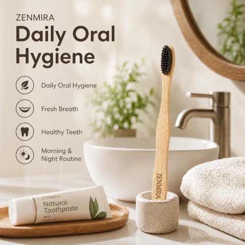 Image of ZENMIRA Bamboo Toothbrush with Activated Charcoal Soft Bristles for Adults, Eco-Friendly BPA-Free Wooden Toothbrush, Biodegradable Natural Handle, Organic Teeth Whitening Brush - (Pack of 3)