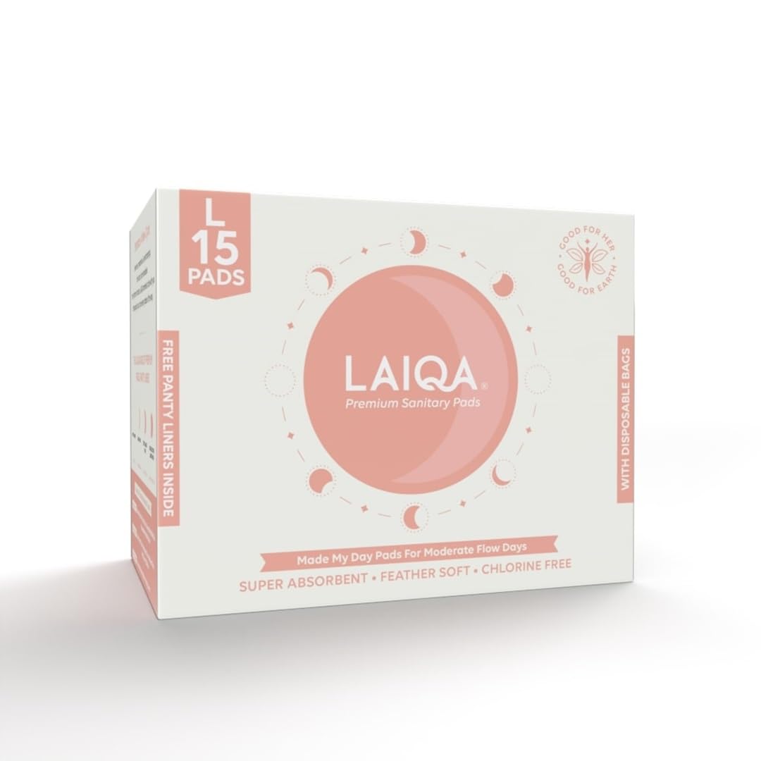 LAIQA Ultra Soft Moderate Flow Sanitary Pads for Women| 10 Large Premium Pads with 10 Disposable Bag + 2 Free Pantyliners|Made with Natural Fibers|Rash-Free Pads with 4 wings|No Chlorine|No Fragrance (B07NPQ9FHM) Amazon Price History, Amazon Price Tracker