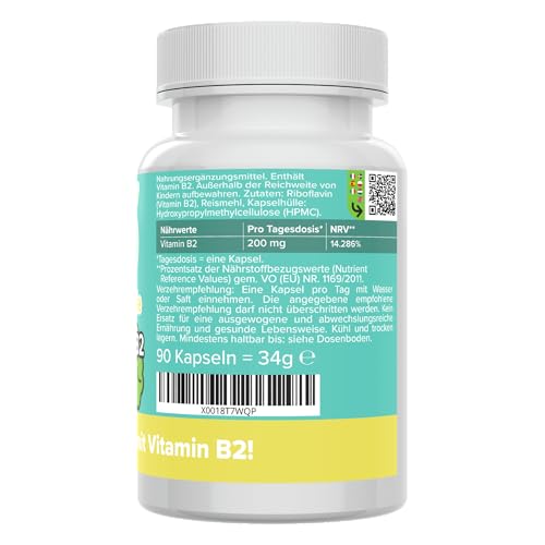 Vitamin B2 Kapseln - hochdosiert 200 mg Riboflavin - bioaktiv & vegan - Produktion in Deutschland - ohne Zusatzstoffe & laborgeprüft - für Erwachsene & Kinder - Kapseln statt Tropfen - Vitamineule