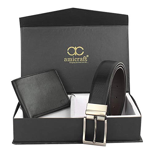 Image of Amicraft Pu Leather Men's Black Wallet & Reversible Belt For Gifting Upto 46 Inch