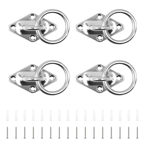 PARFCO Ganchos Anclaje Pared, 4 Piezas 304 Acero INOX Anillo para Atar Caballos, Ojal 8 mm, Argollas para Pared, con Tornillos y Tubo Expansión, para Columnas Madera, Paredes, Techos