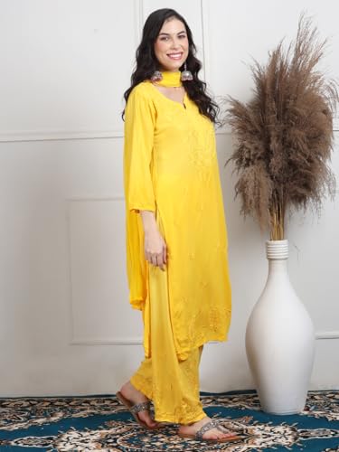 Image of Women's Luxe Lucknowi Chikankari Hand Embroidered Rayon Dyed Kurti Palazzo Dupatta Set - Designer Ethnic Wear for Wedding, Festive & Party Occasions